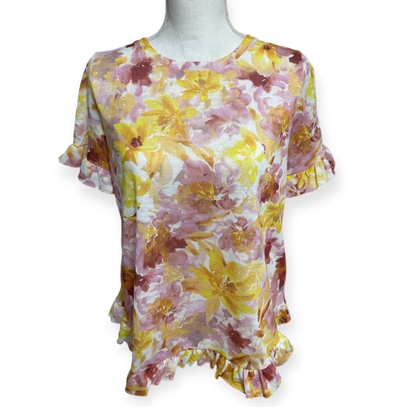 Greige Boutique Yellow/Pink Floral Print Ruffled Blouse Top NWT - Picture 1 of 9